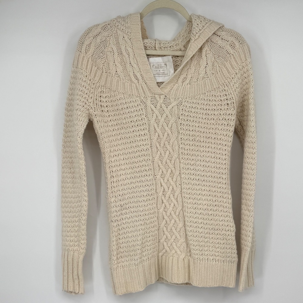 Y2K Old Navy Hooded Cable Knit Sweater Womens M Cream Wool Angora Blend